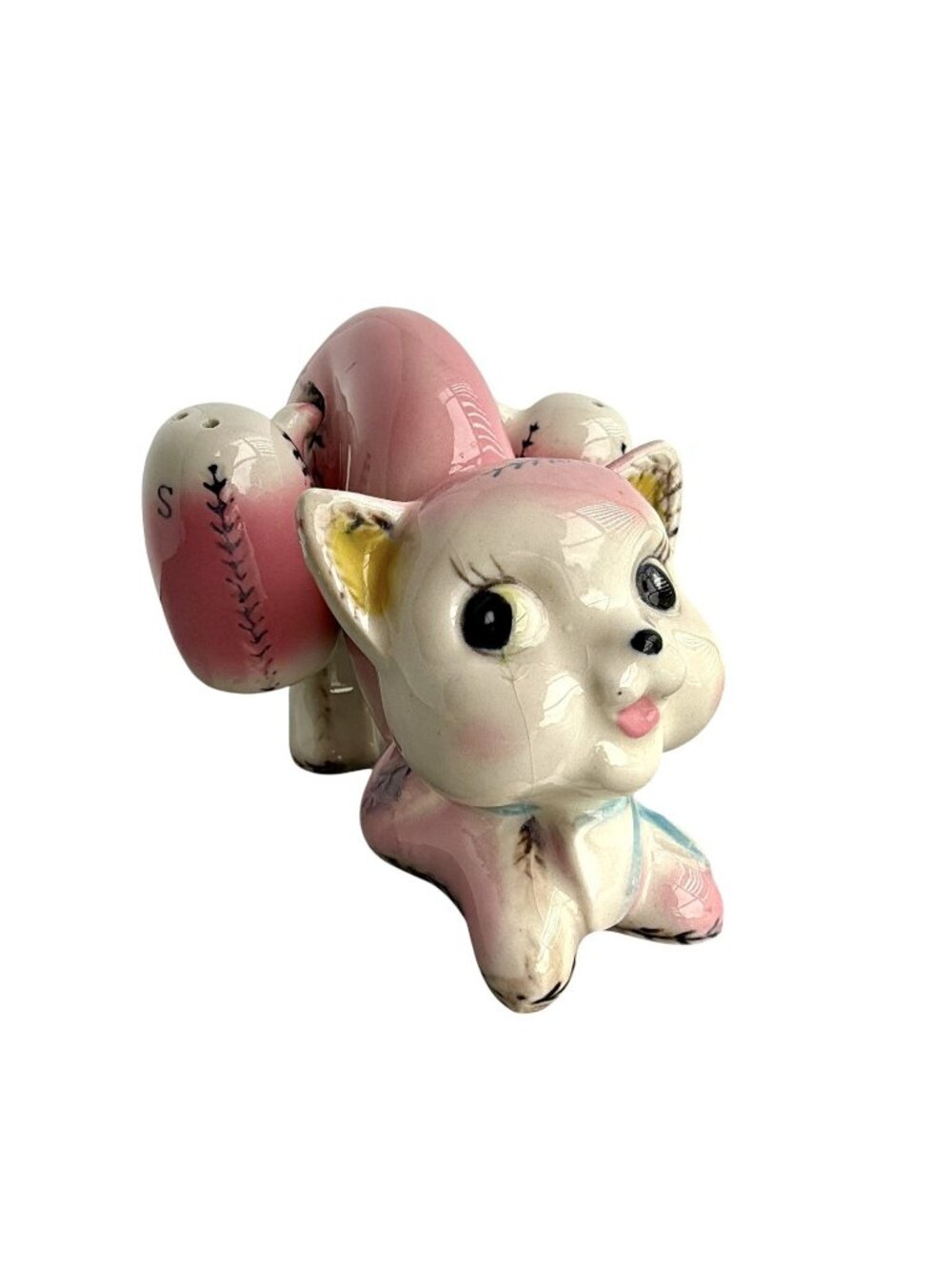 Vintage Japan 1950s Pink Pouncing Cat Salt and Pepper Shakers 3 Pc Set Kitschy